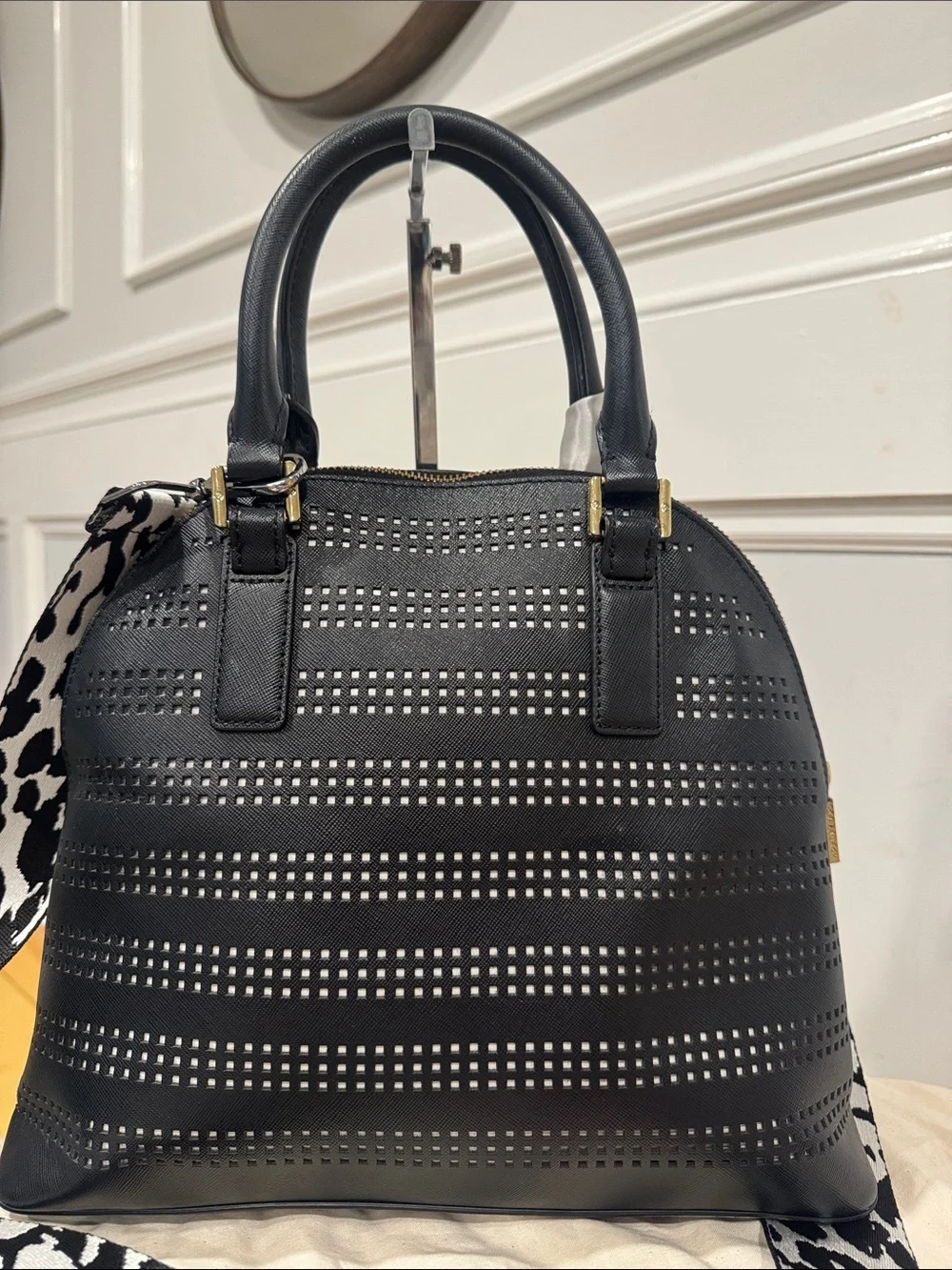 Tory Burch Bag Robinson Black Leather Perforated Dome Top Handle Bag